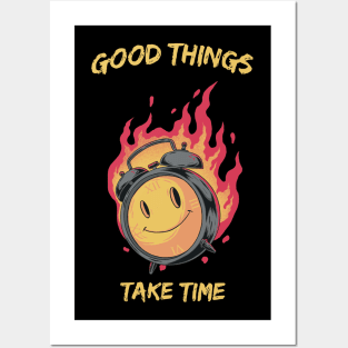 Clock with smiley face and fire Posters and Art